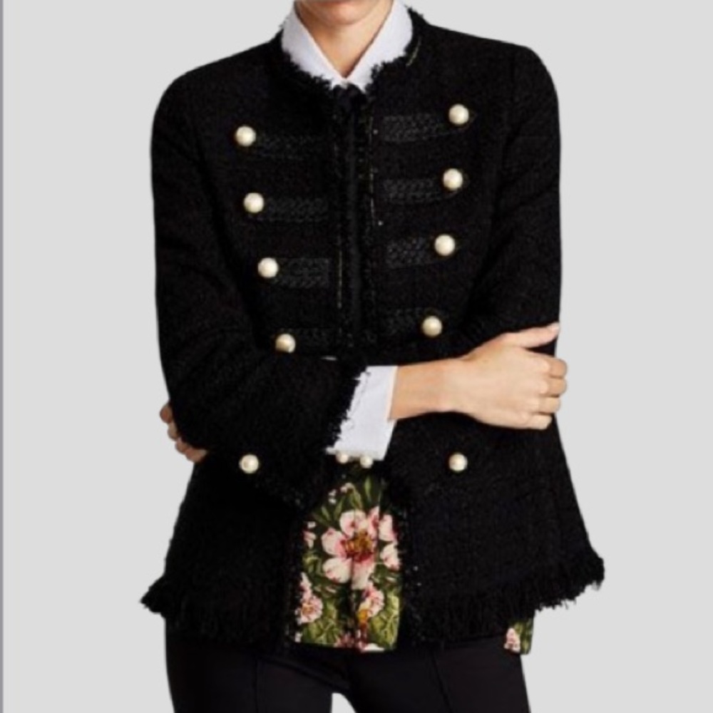 Zara Military Tweed Frayed Pearl Jacket